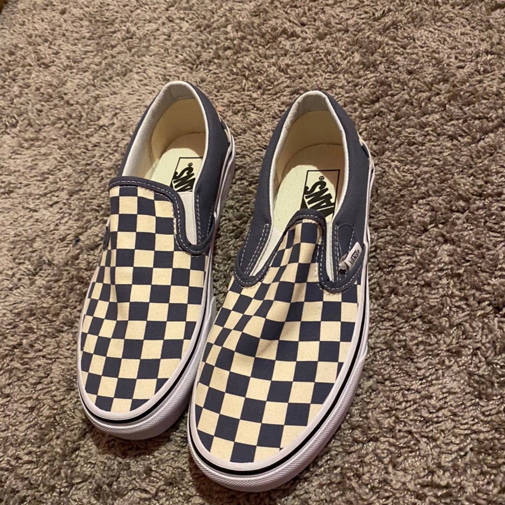 Vans blue checkered slip ons